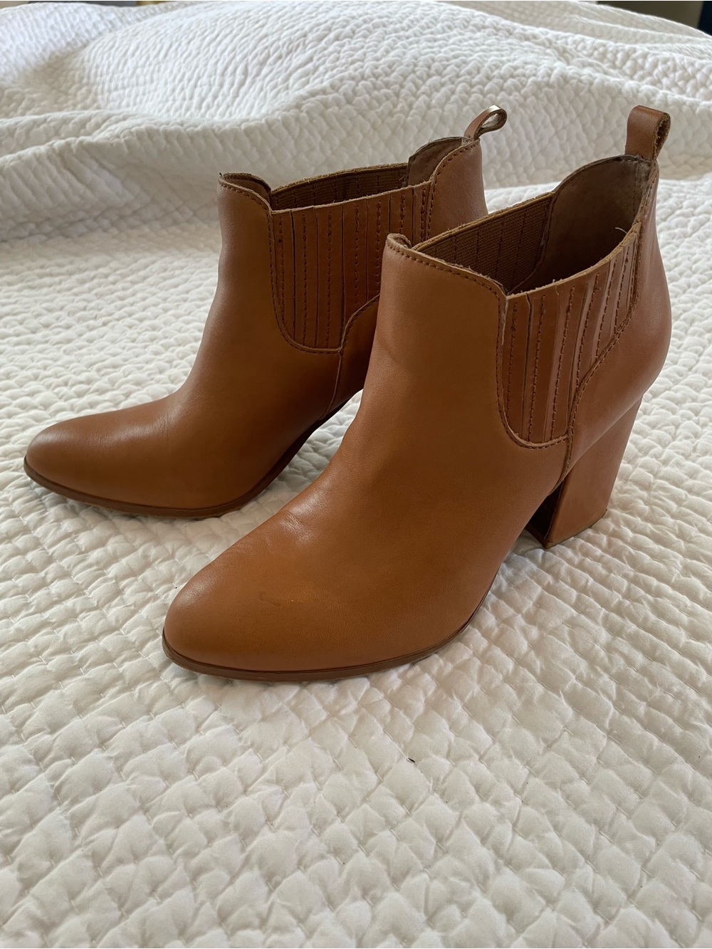 Kelsi Dagger Tan Leather Block Heel Ankle Boots